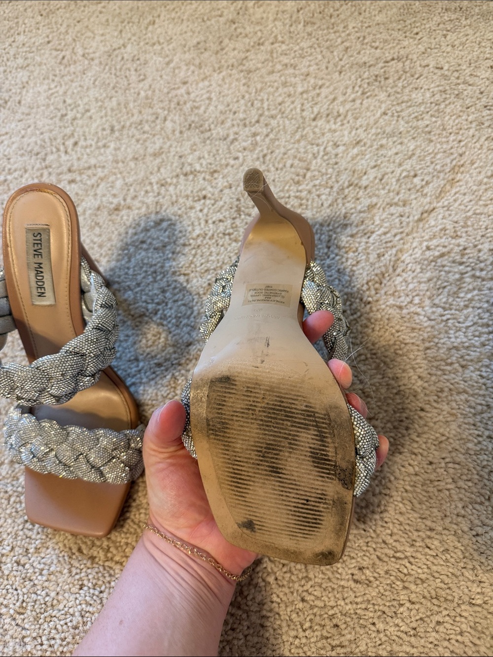 Steve Madden Crystal Braided Double-Strap High Heel Sandals - Silver/Tan - Picture 5 of 7